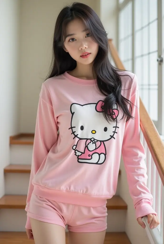 Sleeping girl, 18 years old, realistic, she is wearing long pants, she is wearing pink pajama, brown hair,hello kitty,