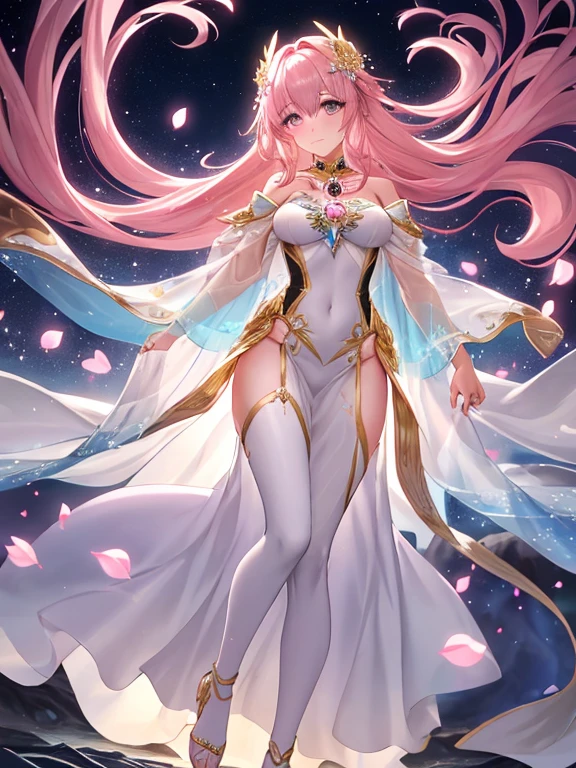 Detailed textures, high quality, high resolution, high accuracy, realism, color correction, correct lighting settings, harmonious composition. full body, very long hair, dress, white dress, large breasts, pink hair, perfect face, detailed face, luscious lips, dynamic colors, dynamic clothing, 1girl, hair ornament, bare shoulders, white gloves, solo, gloves, pointy ears, elf, pink eyes, purple eyes, symbol-shaped pupils, diamond-shaped pupils, cleavage, large breast, huge chests, breedable hips, boots, white footwear, petals, flower, crystal, bell, mountain, lake, nature, garden with landscape view The herrscher costume