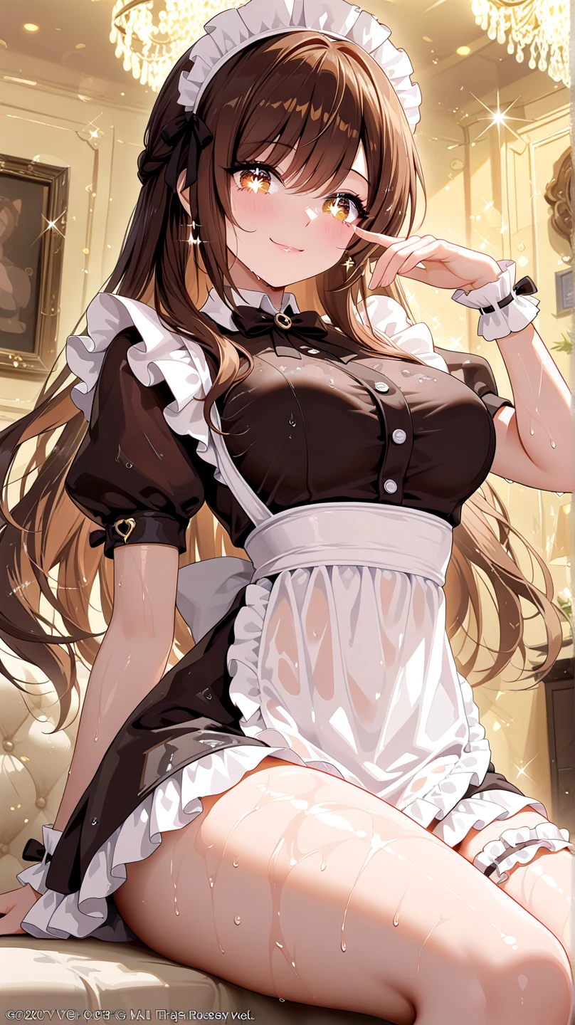 Masterpiece ,best quality , high resolution , (1 girl solo:1.38) , (chizuru ichinose, long hair, bangs, brown hair, (brown eyes:1.2), one side up) , (cleavage:1.2) , (medium breast:1.28) , (wear maid miniskirt , maid head band , sleeves , stockings ) , (cleavage:1.15) , (big breast:1.1) , (face view , back view , look at view) , (indoor, in kitchen , night , moonlight , windows , coffee on table ) , (standing , thighs ) , (cowboy_shot) , ( smile , open mouth , full face blush , shy )
