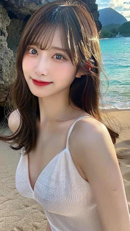Wearing a white blouse,Japanese, Brown Hair, Short wavy bob, Woman in her early 20s　Upper body close-up　smile　Outdoor shooting　Beautiful view of a clear sky 　Sandy Beach　Harmony々　Accessories not included　Realistic　reality　Real　（reality的:1.2）,(masterpiece,Highest quality)，8k,　Real