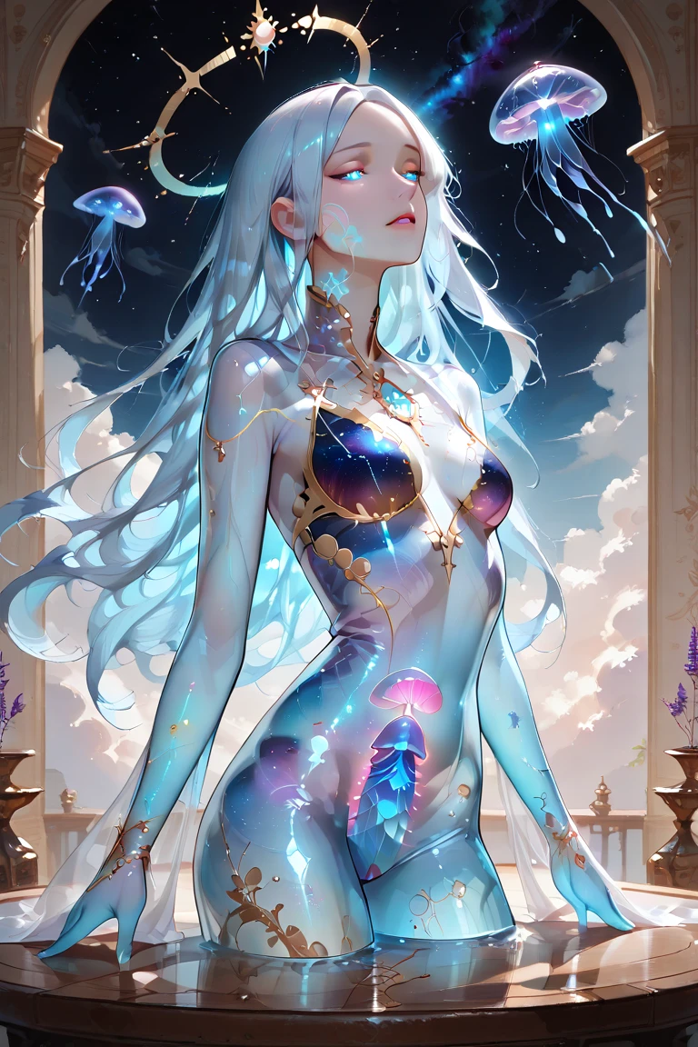 ((((masterpiece, best quality, high resolution)))), (1girl:1.5), ((wavy hair, cracked skin, colored skin, blue skin, doll joints, one eye closed, four arms)), (medium breasts :1.2), blush, glow, thighs, bare shoulders, collarbone, narrow waist, (slender body figure), cleavage, (beautiful detailed face, beautiful detailed eyes), extra arms doll, joints, doll joints, ((white satin dress, thin material))