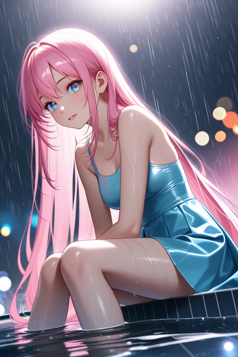 absurderes, hight resolution, (Anime style:1.1),
((masutepiece)), ((Best Quality)), (Ultra-detailed), ((Extremely detailed)), (Beautiful),full body Esbian、red eyes、(Detailed eyes:1.6)、((Kawaii Girl)), (Lori:1.8), (独奏:1.5), Beautiful face, A pink-haired、Floating hair,Slender girl, (medium breasts:1.6)、(1 girl in summer uniform)、low angles,Pants are visible、（High quality background with commuter road and cityscape)、Hair is stiff、(See more:1.5)、Mini skirt、Lower milk is visible、a choker、Ephemeral、Very heavy rain、(The whole body is soaking wet:1.6)、White floral underwear、early evening、sit on one's knees、is crying、