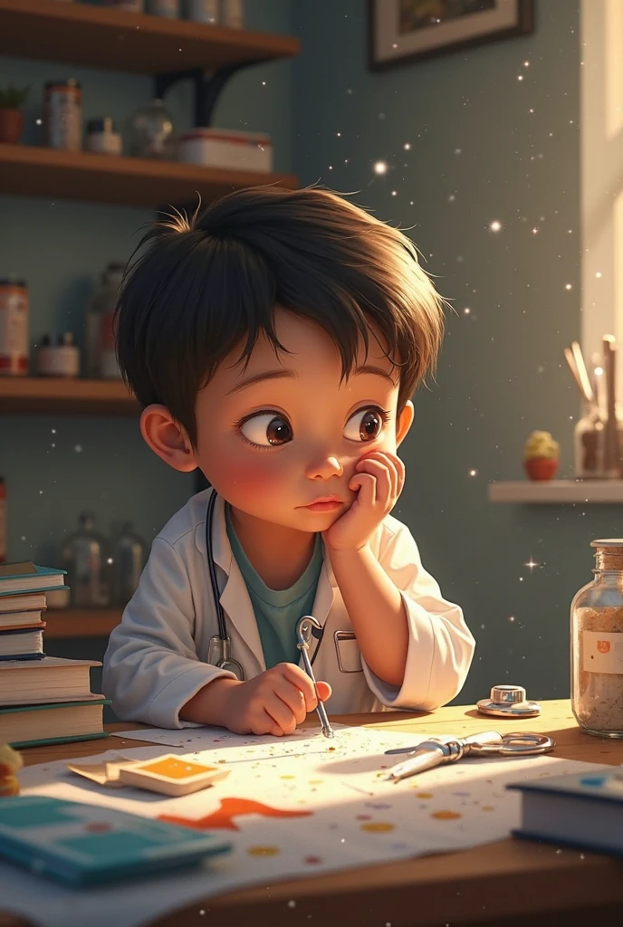 painting of a boy sitting at a table with a pen and paper, adorable digital painting, by Daniel Ljunggren, by Yeong-Hao Han, norman rockwell ross tran, concept art of single boy, by Goro Fujita, by Craig Davison, by sung choi, childrens art in artstation, doctor, rob rey, master study, by Zhou Wenjing