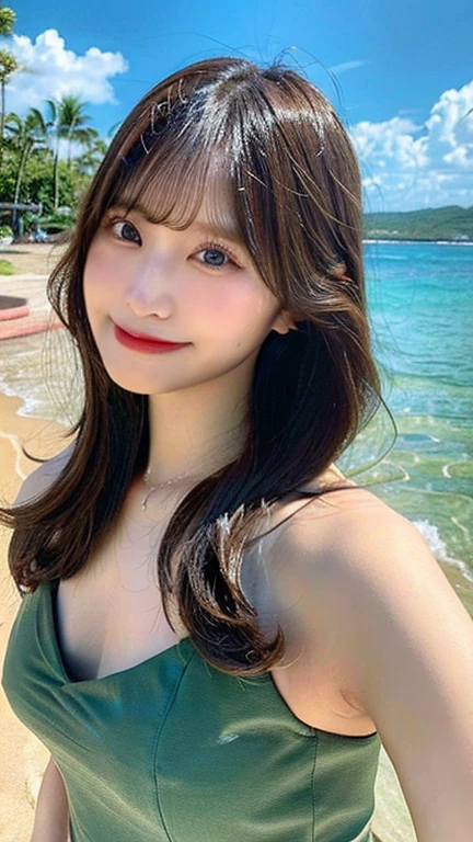 最high quality,Very detailed,finely,High resolution,8K壁紙,Perfect dynamic composition,Young Japanese Woman,Age 25, Black Hair, thin, 4K, 8K, high quality, beauty, smile, Beautiful Eyes, Characterized by simplicity, High resolution,1 person,Japanese Idols,Large Breasts,smile,smile,whole body,Drawn angle of view,orange,Swimwear