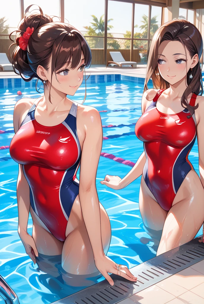 extremely detailed CG, super detailed skin, perfect anatomy, dynamic lighting, beautiful detailed eyes, (1girl:1.6), Outstanding smile、 teenage woman、Japanes、huge breast、short hair、multicolored hair, (Shiny skin:1.4)、sexy pose, Esbian all over、(Competition swimwear:1.5), (High leg:1.2), (Reflection of light:1.4), 