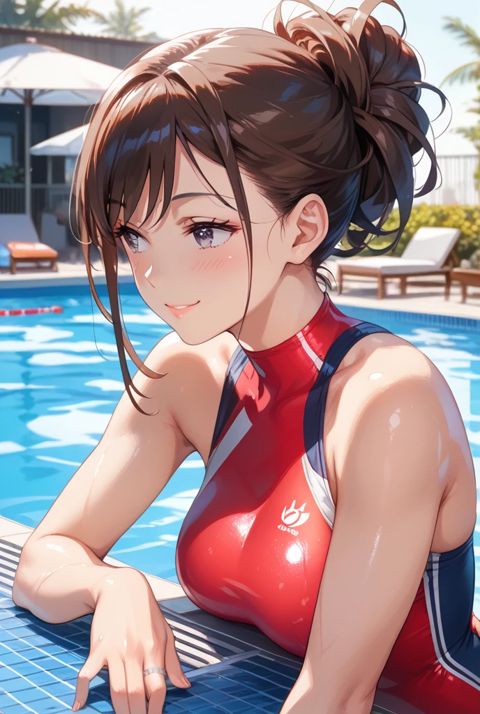 masterpiece、Highest quality、High resolution、Two realistic girls、Competitive swimmer、Close-up of a person、Wearing a white bodysuit、During Competitive swimmerics competitions、smile、Swimming Venues、sexy competition swimwear