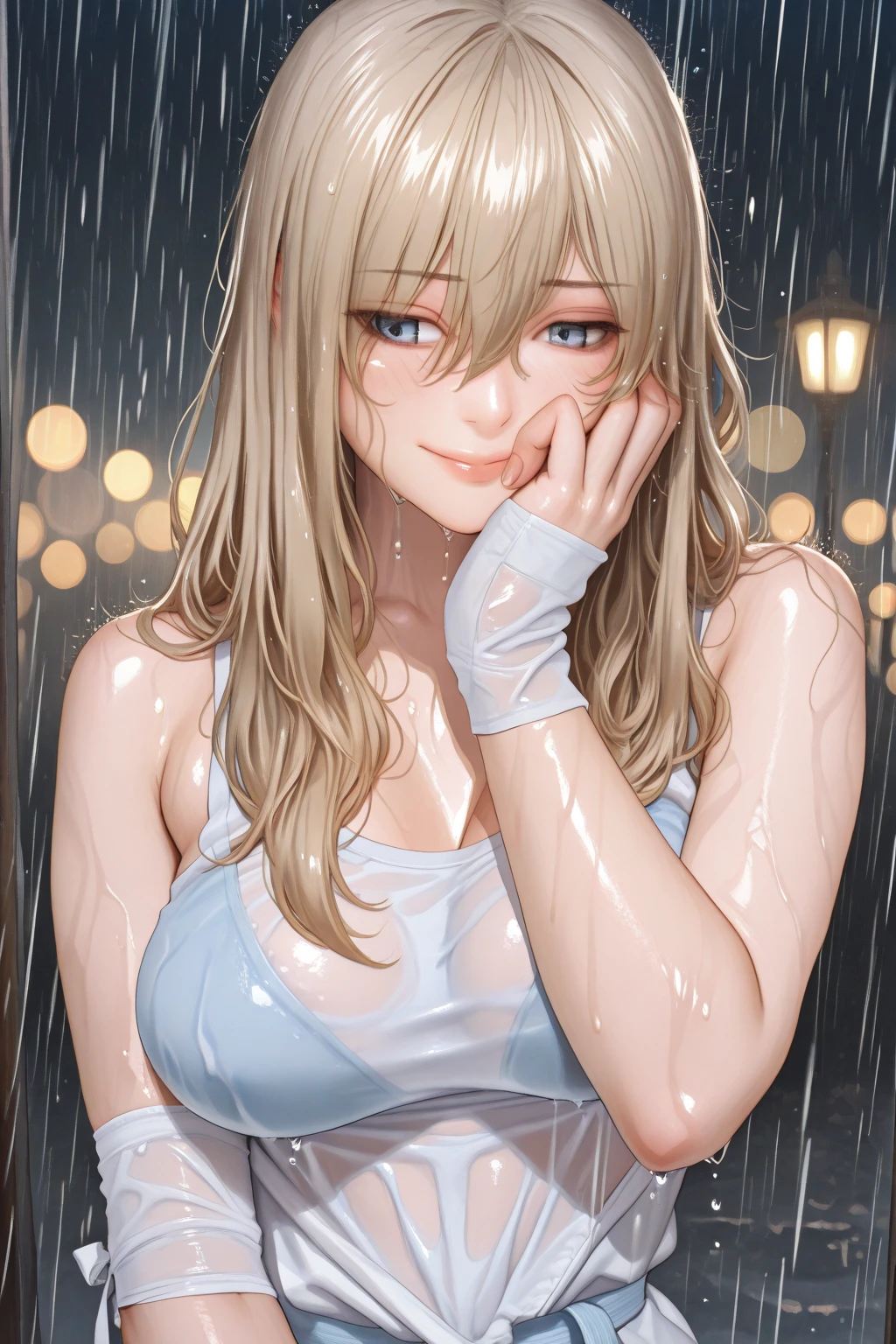 (8k, RAW photo, best quality, masterpiece:1.2), (realistic, photo-realistic:1.37), omertosa, (blonde_hair:1.3), (heterochromia), (messy hair), (long ponytail), (hair over one eye), large breasts, detailed collarbone, perfect collarbone, (nude), (completely nude), tatoo, tatoos on shoulder, tatoos on chest, (wavy hair:1.1), 1girl, (Kpop idol), (aegyo sal:1), cute, cityscape, rain, wet, professional lighting, photon mapping, radiosity, physically-based rendering,,  