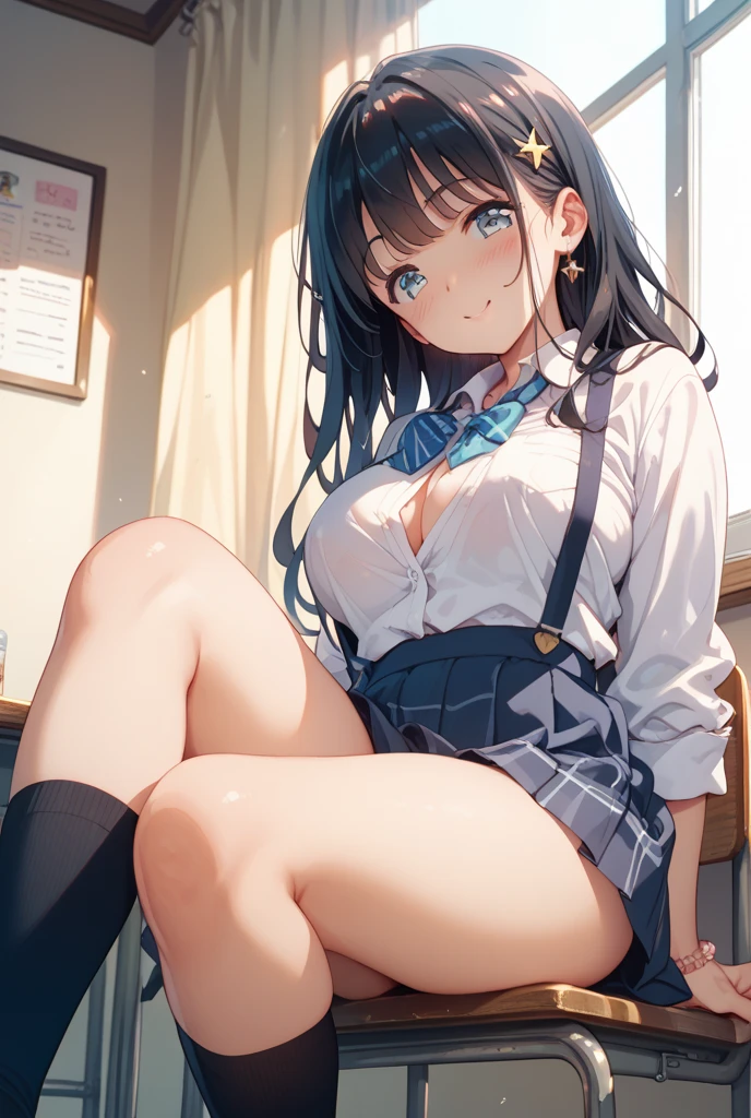(Best quality, 8k, 32k, Masterpiece, UHD,:1.2),RAW, 1girl,ultra cute , natural lighting,transparent shining eyes, 20yo,medium breast ,fair complexion ,flushed face, dynamic angle,   ((black rabbit ear, Unbuttoned White shirt, tartan check skirt、Black Garter stocking, erect nipples)), classroom, sitting on desk, afternoon, embarrassed smiling, soft breasts, (spreading legs, Floral pattern panties and bra) , 