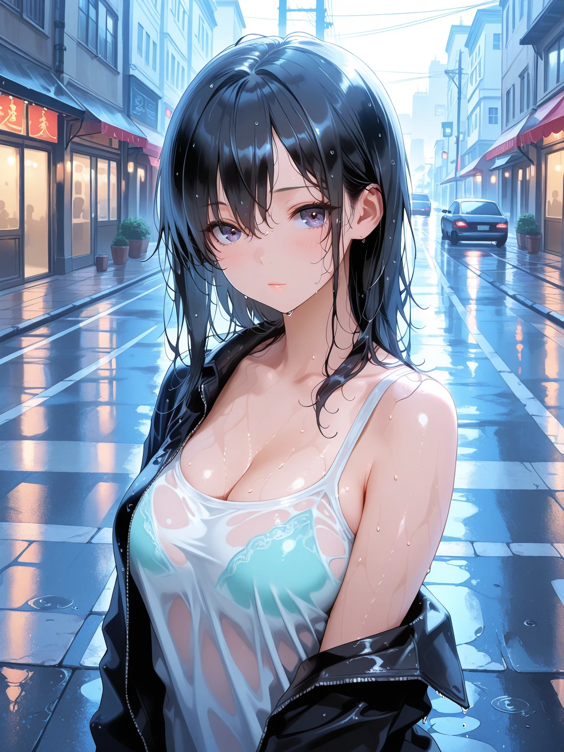 ((masterpiece, best quality)), 1girl, solo focus, shy, confused, black hair, blue eyes, ((wet clothes)), looking at viewer, upper body, dress, negligee, white legwear, realistic, large breast, sexy