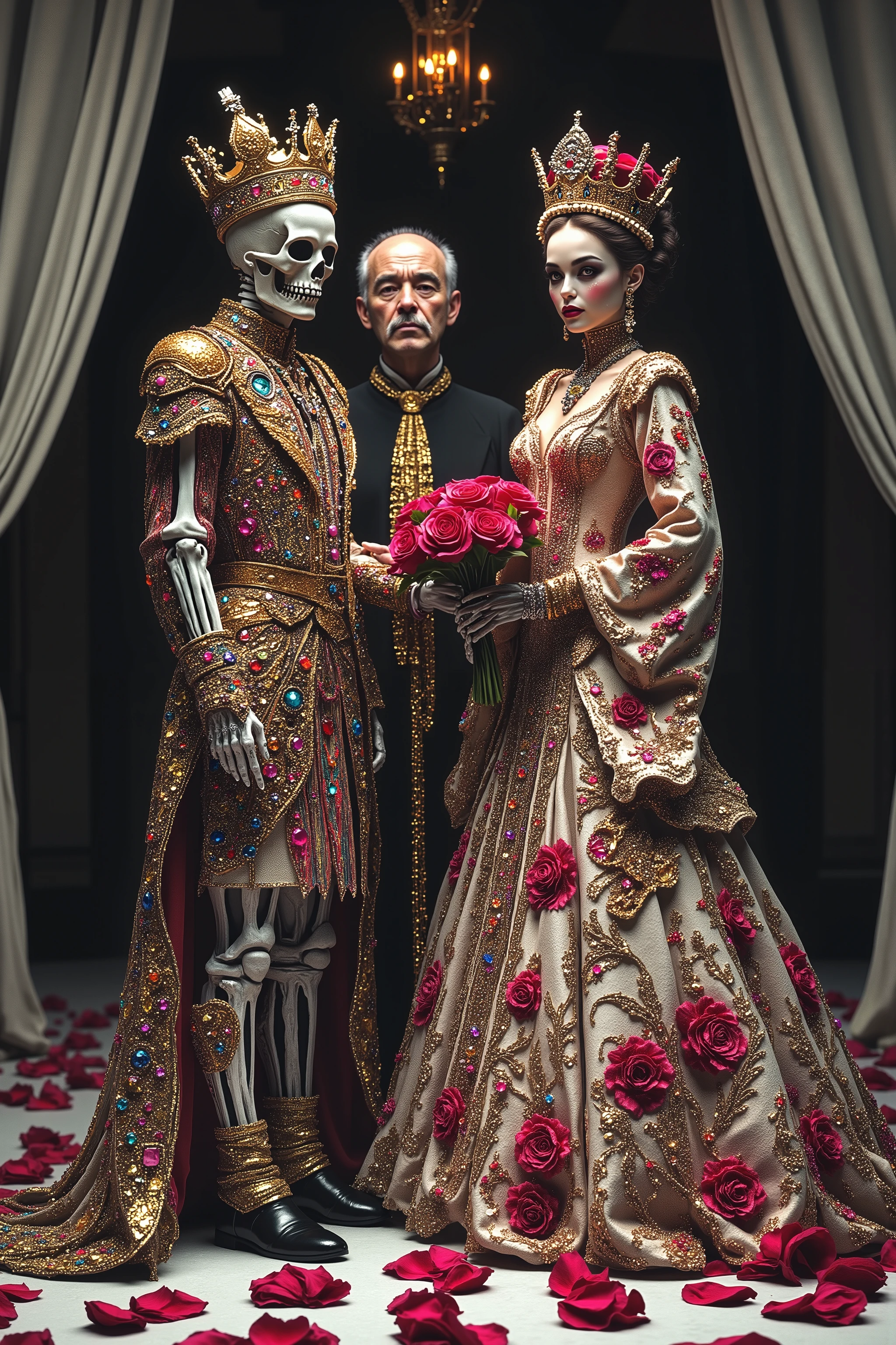 a close up of a beautiful young bride standing with a skeleton groom wearing a jeweled crown, both in elaborate Victorian/Gothic style wedding clothing and surroundings,  4k highly detailed digital art, 8k high quality detailed art, skeleton king, with a crown of skulls and jewels, 4k detailed digital art, hyperrealism, fantasy 4k, scary color art in 4 k, rococo cyberpunk, detailed fantasy digital art, eerie art style, creepy creepstyle. A regal scene unfolds with a majestic figure adorned in intricate armor-like attire that gleams with metallic hues and vibrant gemstones. A golden crown, encrusted with jewels, sits atop his skull, adding to the opulent aesthetic. Accompanying this figure is an incredibly beautiful young woman dressed in an elaborate victorian wedding gown, floral and jewel motifs, each detail meticulously crafted to convey a sense of  luxury, fantasy and grandeur. Behind them, a very tall and stern looking priest, while scattered red rose petals on the white floor surrounding the bride and groom amplify the romantic and mystical atmosphere. The presence of a skull embedded in the prince's crown contributes a touch of gothic allure to the overall composition, enhancing the fusion of beauty and mystery in this surreal, dream-like tableau.  Hyperrealism,hypersensual,provocative, iconic style, gothic, dark fantasy art, 8K, highres, startling presence, dramatic shadows, ornate design,best quality images, hallucinogenic, ethereal atmosphere, macabre, masterpiece.  