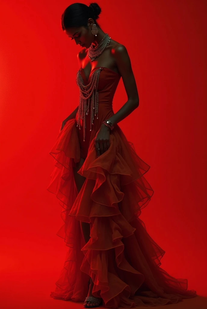 a woman in a red dress posing for a picture, a portrait, trending on cg society, afrofuturism, turquoise and venetian red, patrick demarchelier, diablo 4 queen, exquisite details, bust with a beautiful neck, official valentino editorial, dark skinned with a blue tint, jehan georges vibert, color contrast, gloss, samburu, benjamin vnuk, ad image] --ar 9:16