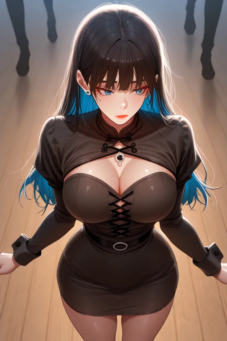 professional artwork, Intricate Details, field of view, sharp focus, detailed painting, photorealistic lighting, trending on pixiv, Standing at attention, black outfit ,yellow collared shirt,black and red bodysuit,skin_tight,black legwear, black pantyhose, Side_boob, black hair,very long hair, Bangs,yellow eyes,makeup, lipstick, 20yo,mature female,Beautiful Finger,Beautiful long legs,Beautiful body,Beautiful Nose,Beautiful character design, perfect eyes, perfect face, looking at viewer,official art,extremely detailed CG unreal engine 8k wallpaper, perfect lighting,Colorful, Bright_Front_face_Lighting, (masterpiece:1.0),(best_quality:1.0), ultra high res,4K,ultra-detailed, photography, 8K, HDR, highres, absurdres:1.2, Kodak portra 400, film grain, blurry background, (Beautiful,large_Breasts:1.4), (beautiful_face:1.5),(narrow_waist), (solo:1.4), ((landscape dimension)), rich detailed makeup, rich detailed eyeshadow, rich detailed lips, rich detailed lipstick, eyes lens, beautiful eyes lens, ultra detailed eyes