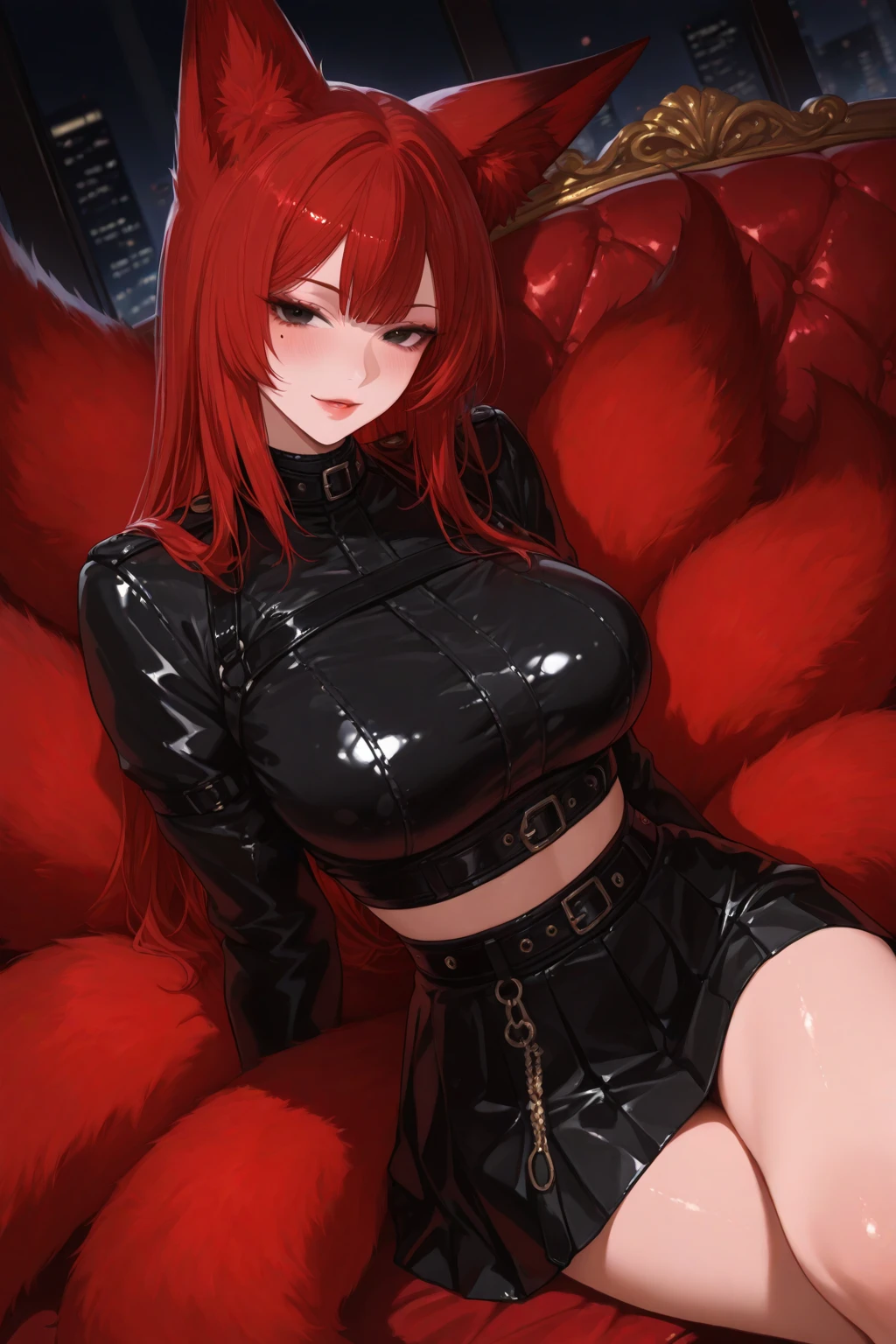 sexy succubus, seductive look, red hair, sexy V Type bodysuit, black horns
