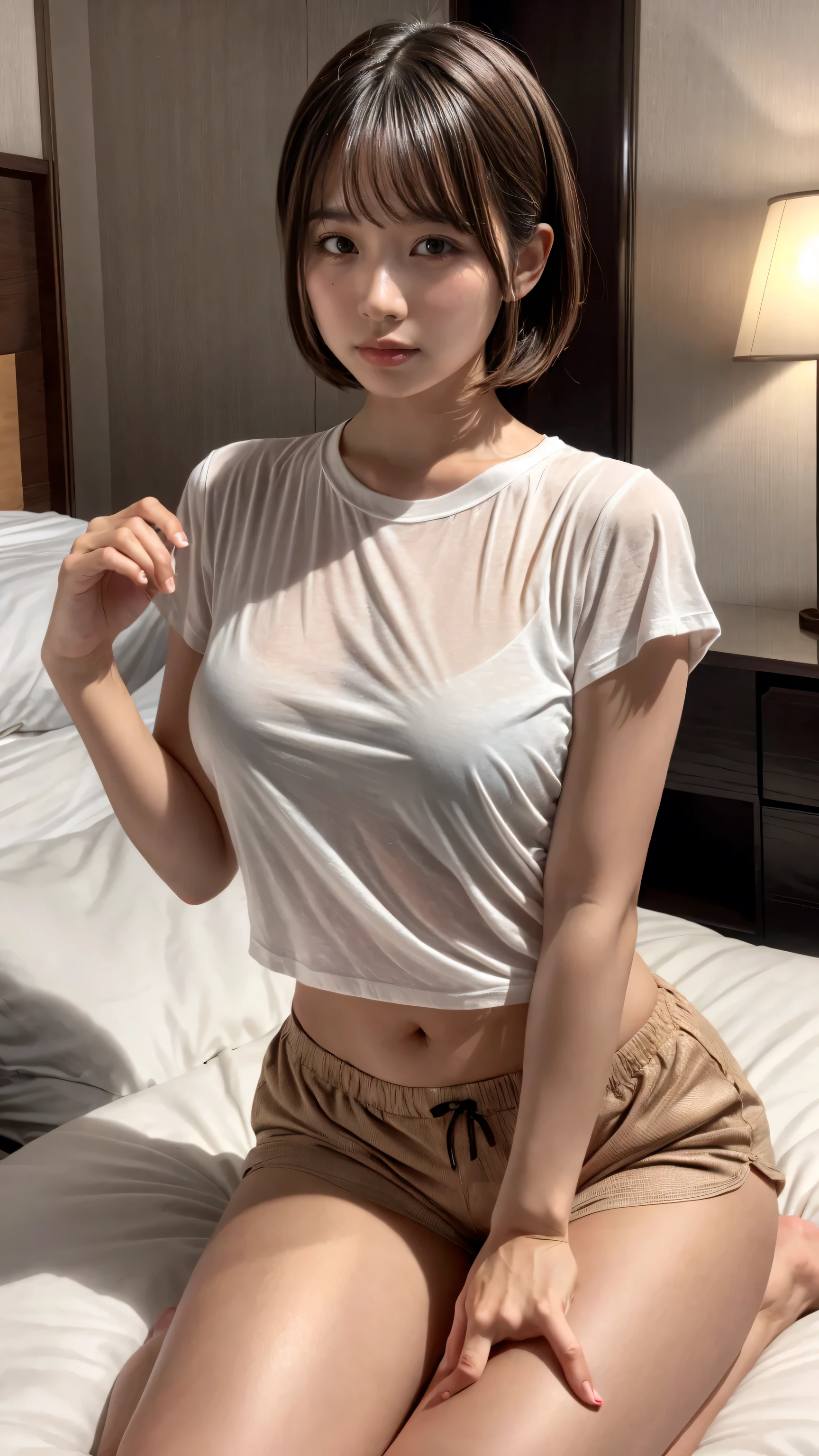 (highest quality), (Ultra-detailed), (Nude 1.2), (Detailed light), (Very delicate and beautiful、See-through T-shirt.No bra:1.3), 1. Young Girl, brown hair, Brown eyes, model, highest quality, Highly detailed CG synthesis 8k wallpaper, High-definition RAW color photos, bright、Sexy pose、(Are thin、Waistline)、A little 、Beautiful breasts、Various poses、short hair、Naughty pose