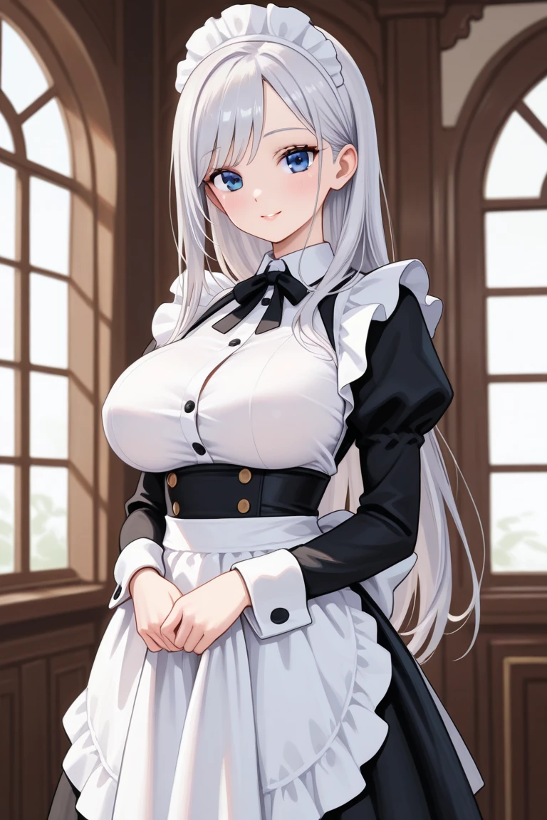 masterpiece, best quality, ultra-detailed, glistening shiny, glowing light, ray tracing, HDR, deph of field, (perfect face, detailed face), <lora:InglisEucus:0.8>, inglis, large breasts, long hair, maid uniform, maid headress, harness, long sleeves, skirt lift, thong, standing