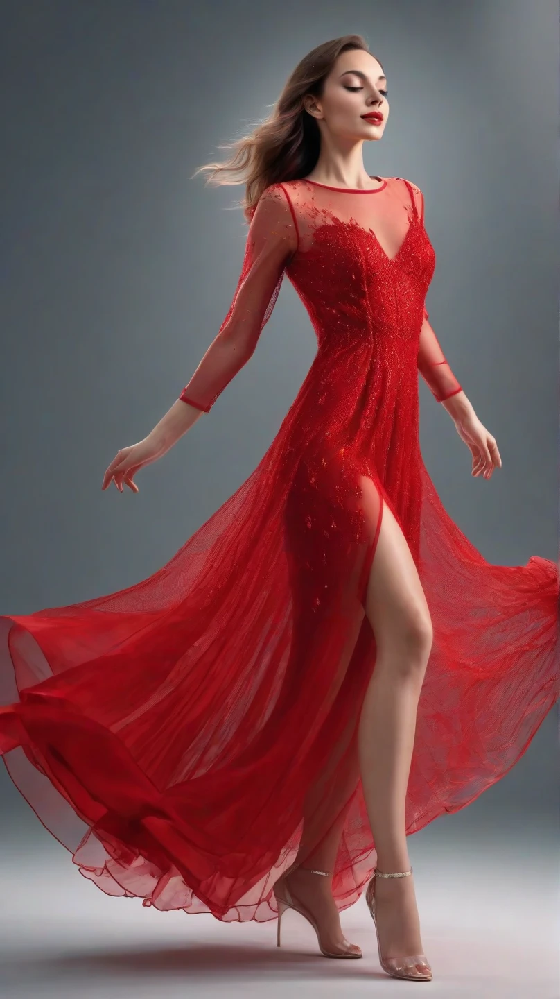 beautiful sexy woman, beautiful avant-garde style, full length , Beautiful red, Silk, transparent, flying clothes ,  Accessories ,Bag,