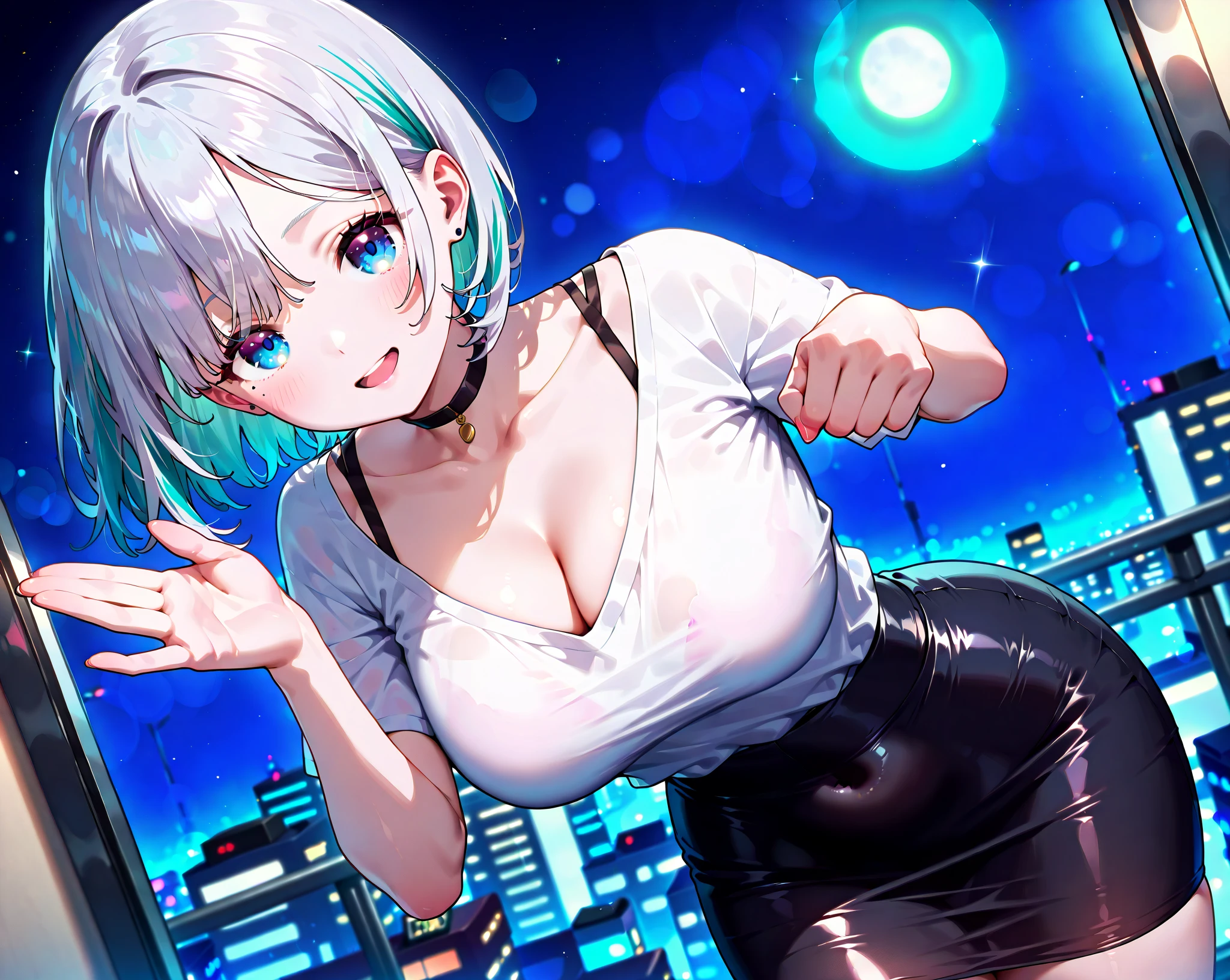make anime girl in night, girl have big tits, she is siting on the car
