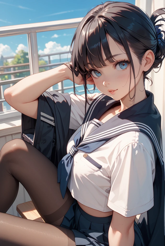 Highest quality、High resolution、Detailed Background、(Beautiful face in every detail:1.4)、Detailed facial expressions、Anatomically correct、Teenage beauty、(Huge breasts:1.2)、cute hair color、Braided Bob、Braided Ponytail、cute hairstyle、Perfect body line、Attractive thighs、Cute gestures、Tokyo Sky Tree、Looking at me with cold eyes、cute、
White Sailor Suit、White sailor collar、Pleated mini skirt、White Stockings、
squat down、I can see my underwear when I squat down、Panty shot、underboob、
(A girl squatting with a landmark in the background:1.5)