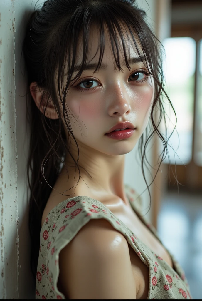 ((Highest quality)), ((masterpiece)), (detailed), (Japanese),Photorealism, close up, wide angle, seen from below,, Black Hair,(Childish face), Girl with single braided hair ,Small Breasts, (topless),(Naked), sad , ((arched back)), (extreme_close_up) ,upper body ,wet street with rain, a girl wears a short-sleeved shirt that is wet and hanging down exposing her (bare shoulders:1.2), (Light Yellow cardigan),(V neck neckline),((white See-through)), we'll lighted area,