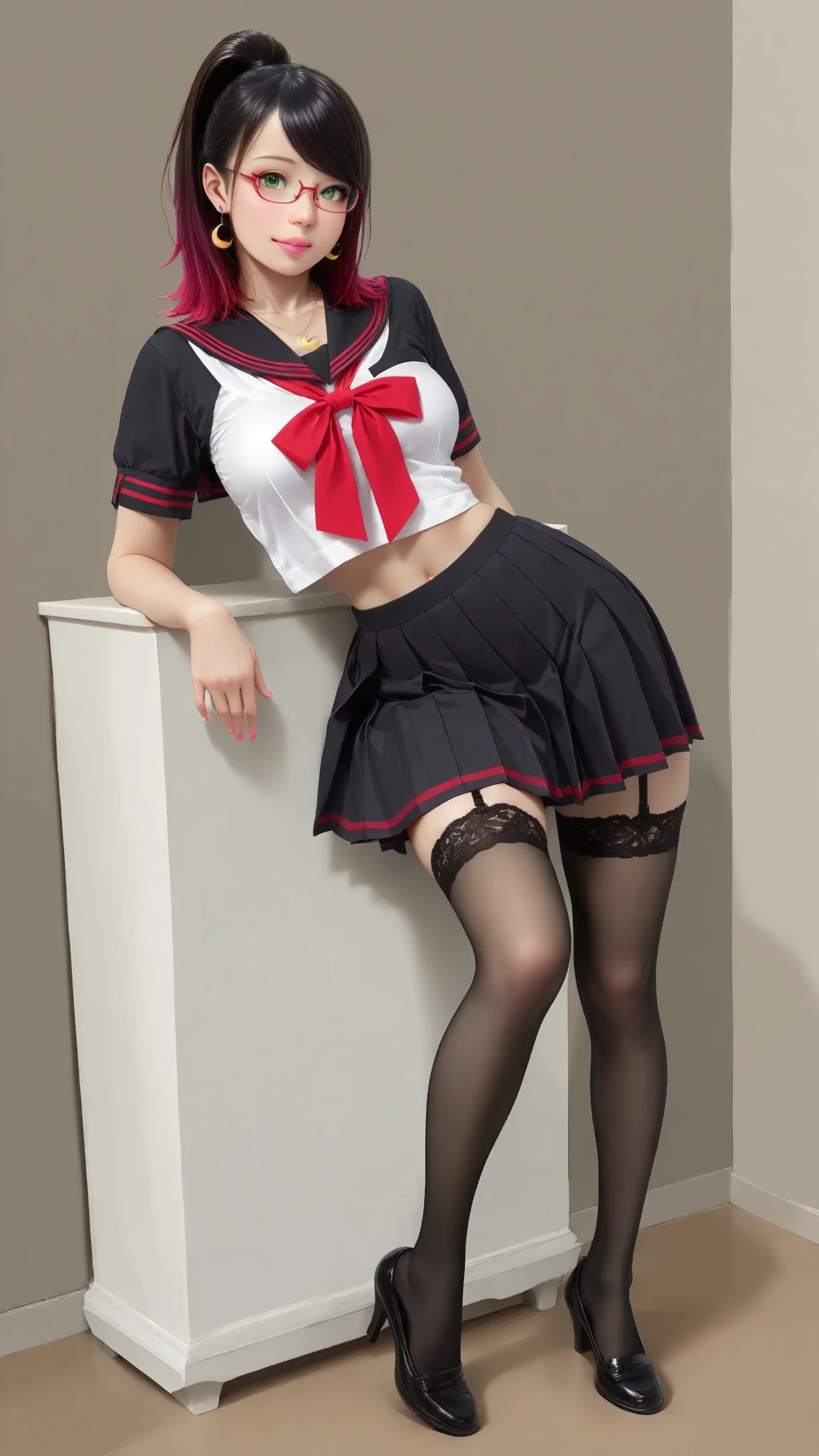 ((masterpiece)),(((Highest quality))),((Character design sheet)),Thin thighs,Long legs,((Alice in Wonderland, wearing a large ribbon on your head,, wear black tights,loafers))、15-year-old girl、(Raise your arms、Please show me your armpits:1.2)、(Droopy eyes:1.2), (Very slim:1.4)、Low angle reveals white panties:1.5,Toy background:1.5