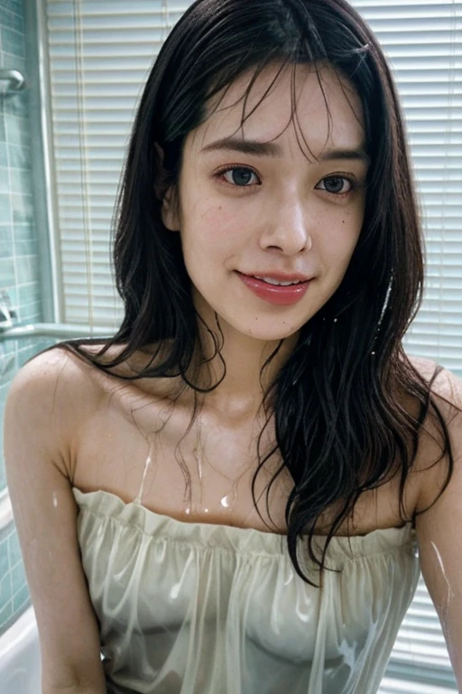 best quality, detailed, beautiful, insanely detailed, absurdres,perfect ???????,
Japanese woman,black hair,27 years old,
(slender),
(small breasts),nsfw,
blissful, medium hair, hair bun, front view, (taking a bath, being in a bathtub:1.3), birds-eye view, (wide view:1.3)