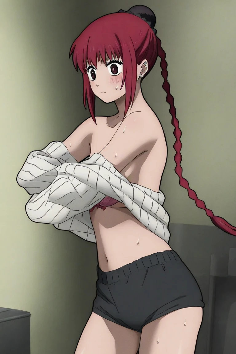 makima, makima, long hair, smile, bangs, small breasts, (yellow eyes:1.2), braid, red hair, braided ponytail, ringed eyes, bra, panties, black bra, black panties, portrait shot, upper body shot, face focus, closeup shot, only upper body shot, BREAK indoors, office, BREAK looking at viewer, BREAK (masterpiece:1.2), best quality, high resolution, unity 8k wallpaper, (illustration:0.8), (beautiful detailed eyes:1.6), extremely detailed face, perfect lighting, extremely detailed CG, (perfect hands, perfect anatomy),big breast,big