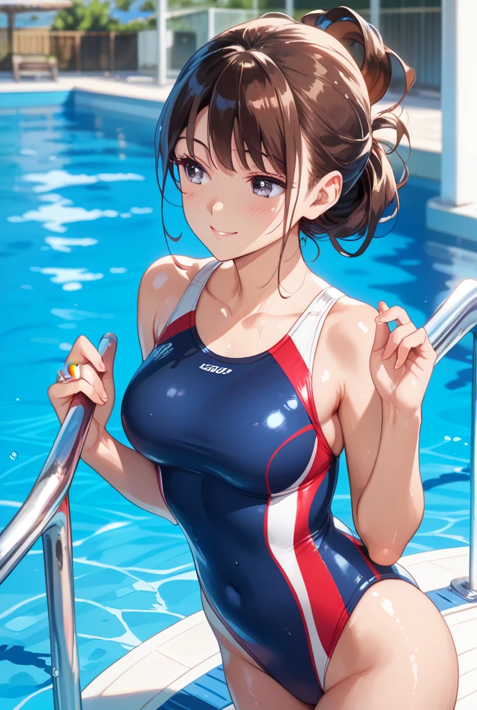 (((Competition diving board:1.3))),(((Sports towel))), (((Competition Pool 1.3))),((Competition Swimwear:1.7)),(((White one piece swimsuit))),Expressing happiness with a smile,Cute Face,Extreme close up of face,Shiny light brown and orange striped short hair,Perfect round face,iris,(hairpin、Floating Hair、),Big Breasts.Professional Lighting,Cinematic Light,(Tabletop,highest quality,Ultra-high resolution output images,) ,(8K quality),(Picture Mode Ultra HD),