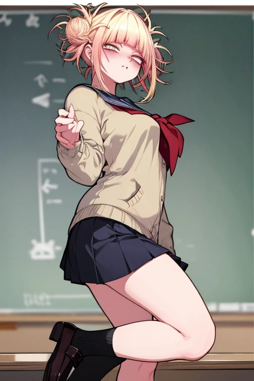 Himiko toga stretching her hand in fishnet stockings and skirt (whole body)
