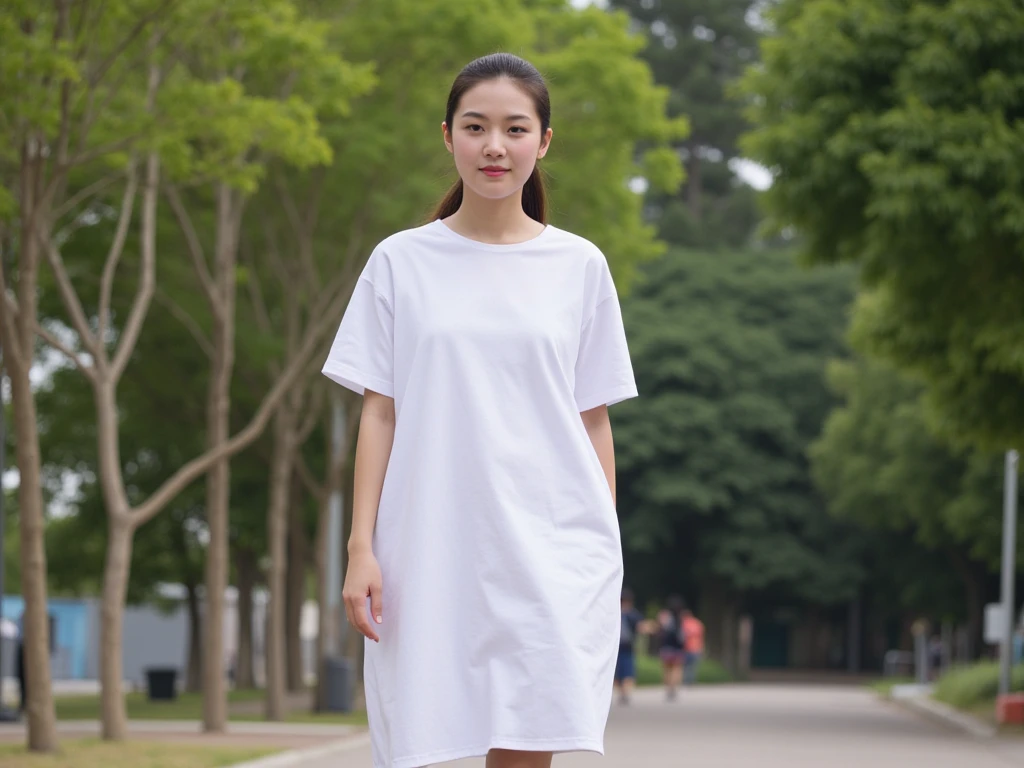 Standing in the park, Wrinkles around the eyes, Smiling with teeth showing, Plain short-sleeved clothing, senior citizen, Draw lips correctly, Red lipstick, No discomfort, 16K, Highest quality, Very detailed, Realistic, Very detailed肌, (Japanese), (alone), 100 years old, Large Breasts, , Glamour, sexy, Chromo White Skin, Staring straight ahead,
