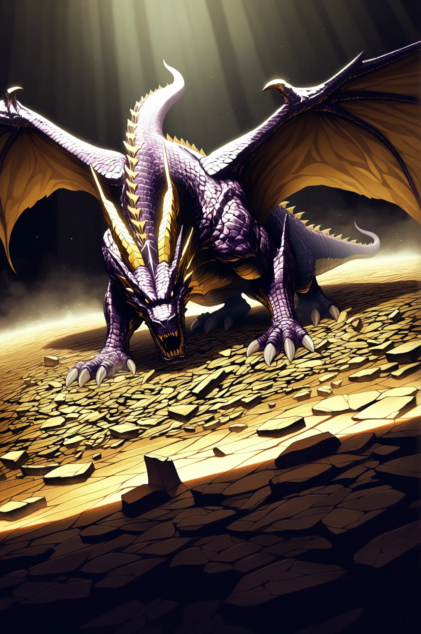 Miraculous Masterpiece,top quality,(Very Aesthetic),solo,I need his help,Filthy Horns,BREAK,(Gold and Dark Purple Scales,Detailed Multicolored Scales),(off,strong,Giant and Greedy,Wings of the Blade have grown, Legendary Creatures,Composite Dragon),BREAK,MX4D,Golden Accessories,(Growl),null,wide angle,(Rimlight),BREAK, Dynamic Shadows,完璧な澄み切ったnull,