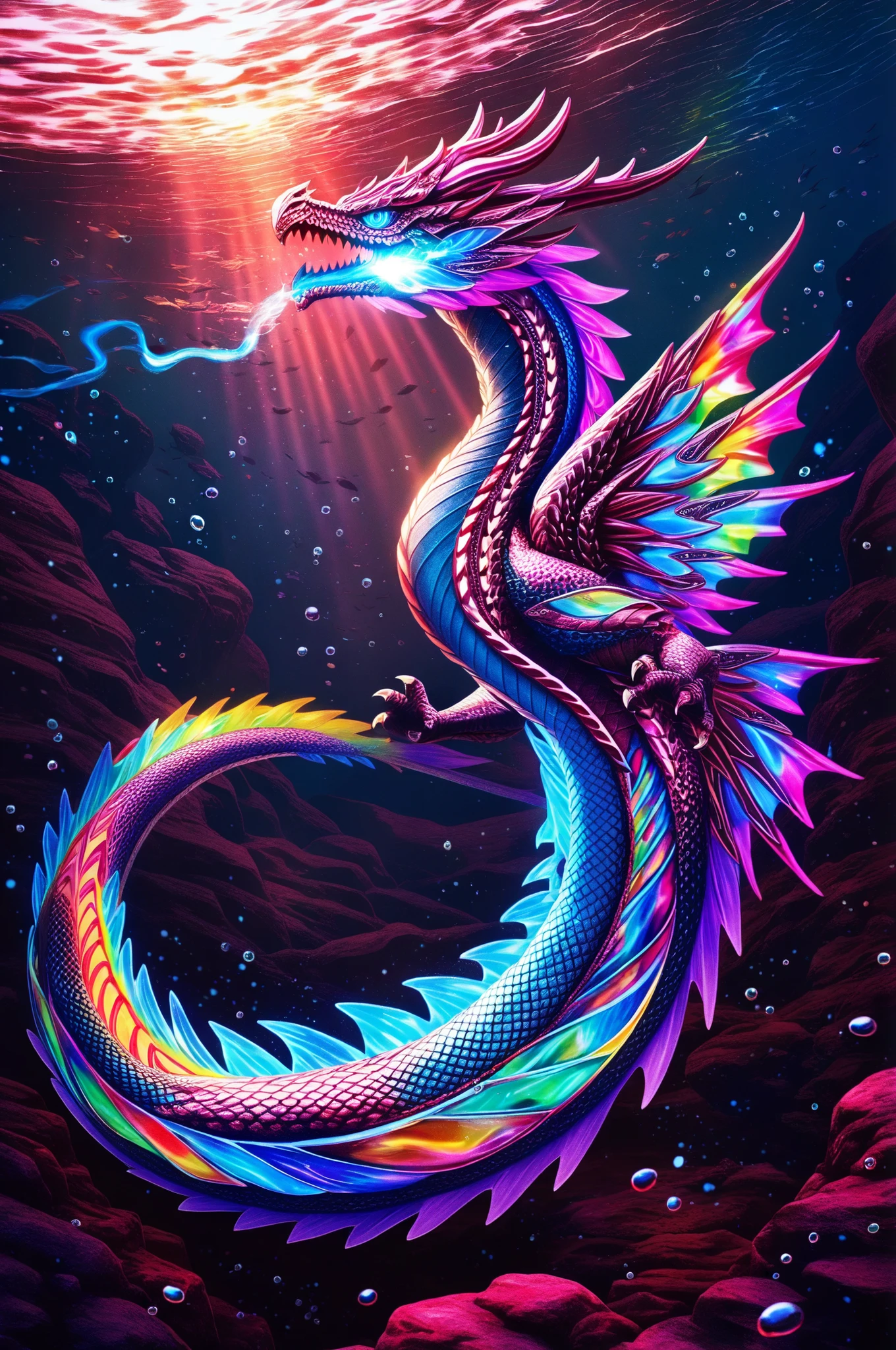 intricate underwater world with intricate detail, solo, 1dragon, blue slit eyes, (dragon scales iridescent:1.3), (magical prismatic dragons breath:1.4), airbrush multilayered art, beautiful, high contrast, 16k, very intricate detailed painting, detail to detail background, smooth and flawless scales, very intricate detailed texture, very intricate detailed detail, extremely highest quality, highest quality, best quality, absurd resolution,