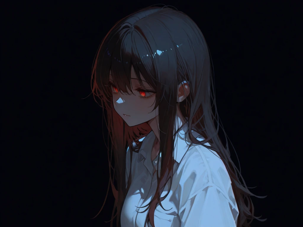 1girl, yoru \(chainsaw man\), chainsaw man,Yoru is on a rooftop overlooking a cityscape at night. The hard lighting comes from a nearby neon sign, casting a vibrant, yet harsh glow on her. The high contrast between the brightly lit city below and the dark sky above creates a dramatic noir effect. Her expression is contemplative, with the wind blowing through her hair.