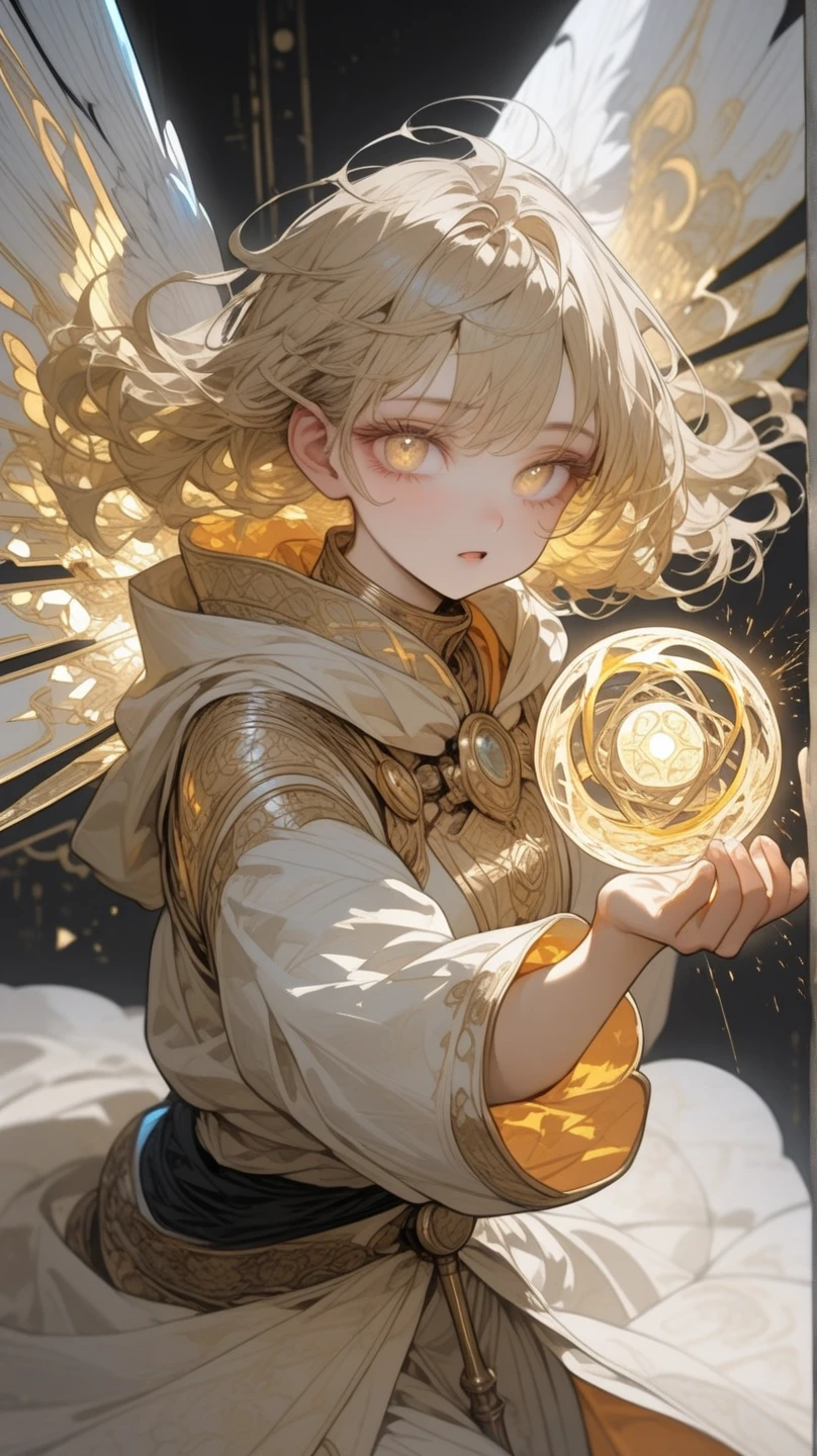 Best picture quality, role-playing game world, lovely five-year-old girl, ochre-colored mushroom-cut hairstyle, amazingly large shining eyes holding a magic wand and wearing a black scarf and gray robe-like clothes, long eyelashes, neat , friendly and bright smile, braveand accompanied by a wizard and a warrior,