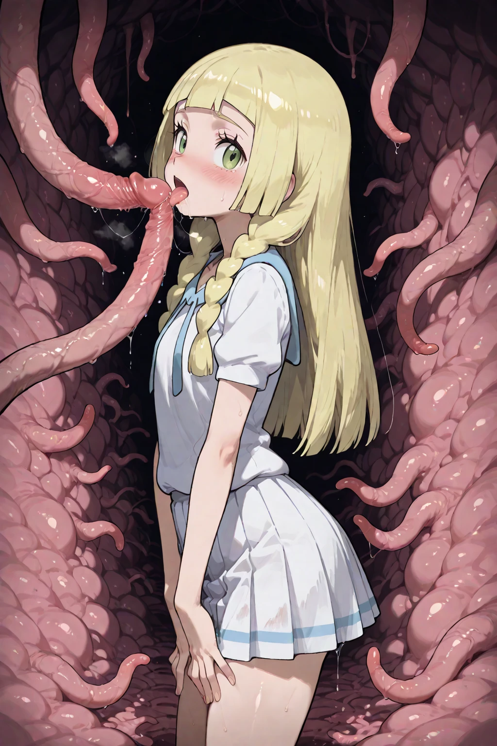Blonde, naked, lying on the floor, nipples, legs spread in an M-shape, pussy being pounded from below by a tentacle with protrusions, arms hanging from chains, legs restrained to a machine, armpits, mouth open and drooling, machine rape, blindfolded, tentacle inserted deep into female genitals, drooling, small breasts, tiny breasts, stick stuck in pussy, braids, legs spread in an M-shape, tentacle inserted into pussy, squirting from pussy, knees raised