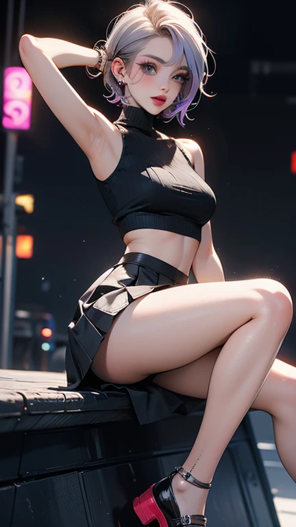 (masterpiece, Best quality:1.2), One, 1 girl, Quanxi, happy face, open mouth, Looking at the viewer, hands on head, armpits exposed, ponytail, eyepatch, black tank top, black trousers, large breasts, broad shoulders, long torso, long body, long neck, long legs, tall woman, thin waist, wide hips, looking beautiful, great detail, perfect detail, wide hips, thin waist, looking sexy, seductive look