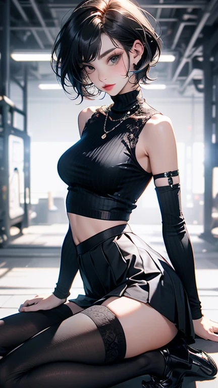 a woman with short black hair, cabelo nos ombros, black skin color, wearing a black cropped and plaid skirt, purple eyes, gothic art, cute aesthetic with vibrancy, cartoon aesthetic, wearing black costume, using gothic accessories, looks like Cassie Hack, trunk, holding a skull in his hand, horror background