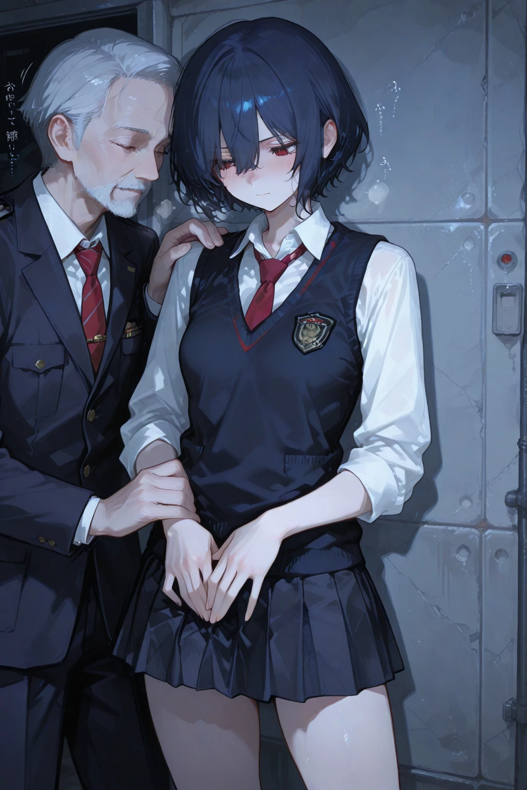 A boy with white hair and blue eyes and a girl with big breasts and thighs and ponytail black hair and eyes wearing uniform in a modern school, skirt, flirting