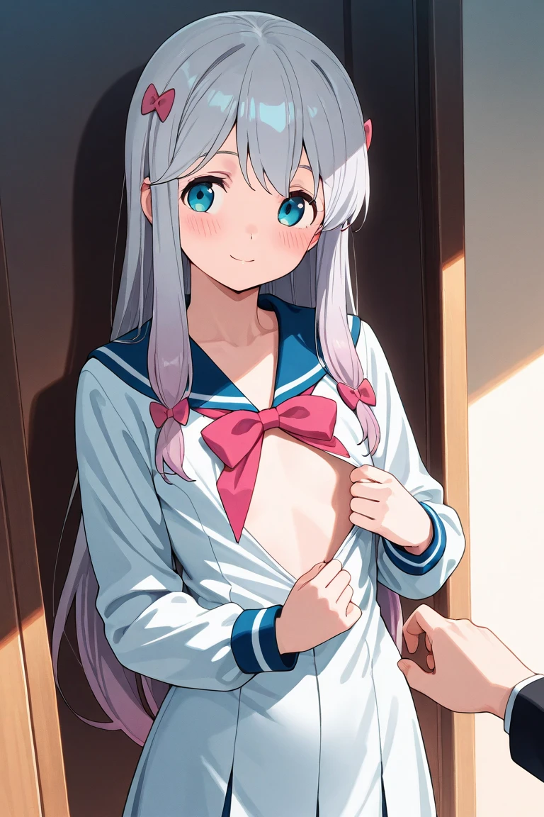 detailed background, {((1girl, solo, izumi sagiri, (eromanga sensei))), izumi_sagiri_eromangasensei,very cute and beautiful girl,(highly detailed beautiful face),(smile),blush, cowboy shot, (best quality,masterpiece:1.0), absurdres, highres, ultra-detailed, extremely detailed,32k,8k resolution, intricate details, cinematic scene, detailed background, dynamic angle,(very flat chest1.6), belly button,grey_hair, long_hair, blush, bow, hair_bow, pink_bow, blue_eyes, bangs, pajamas, closed_mouth, indoors,(show off nipples:1.6), (exposing bare breasts:1.3), (exposed chest:1.3), (no bra:1.3), (open shirt:1.6), (exact number of nipples:1.6), (pajamas lift:1.2), ((looking down at viewer)), ((looking down)), strong light, (shy),(blush), smile, nsfw, sit on the bed, (open the mouth:1.6), (no pantie:1.6),((sweaty)), ((dewy)),((wide spread legs)),(pussy:1.6),(round face, baby face, kawaii, cute:1.6), (beautiful ultra-detailed eye:1.1), bright eyes, (light particles:1.1) ,twinkle smile,happy