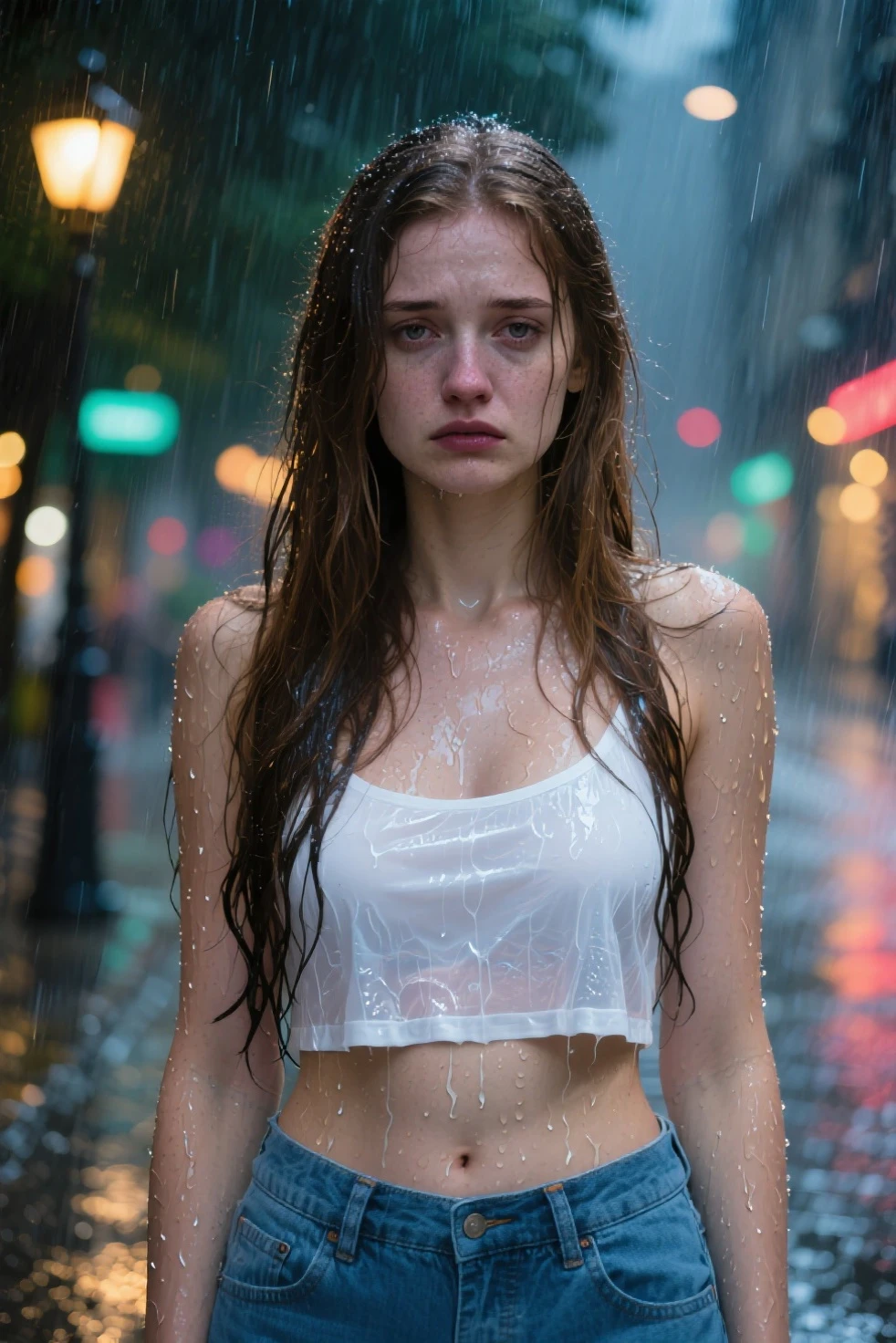 A 27-year-old Japanese woman is portrayed walking through a city in the rain, with the scene rendered in the highest quality, 8k resolution, and photorealism. This masterpiece captures every nuance with exceptional clarity.

She traverses a bustling office district, a detailed and dynamic background that emphasizes the busy urban environment. The rain creates a vivid, atmospheric effect, with droplets visibly streaming down her face and soaking her attire.

Her appearance is that of a mature woman, with a realistic skin texture featuring fine lines and facial wrinkles. The skin exhibits subtle imperfections and a slightly dull appearance, accentuated by the raindrops. Wrinkles around her eyes and tear bags under her eyelids are meticulously detailed, conveying a sense of age and wear.

Her straight, long hair, with short bangs, is rain-soaked and clings to her face. She wears a soft white blouse and a plain, long flared skirt. The blouse, thoroughly drenched, adheres to her skin, outlining her figure and creating a dramatic effect. The wet fabric enhances the texture of the scene, making the white blouse and the darkened skirt stand out against the backdrop. High heels are visible, slightly splashed by the rain-soaked pavement.

The mood of the scene is contemplative and melancholic, with her expression reflecting a deep, introspective moment. The city’s rainy backdrop and the woman's soaked appearance are captured with a high level of detail, creating a powerful and immersive visual experience.