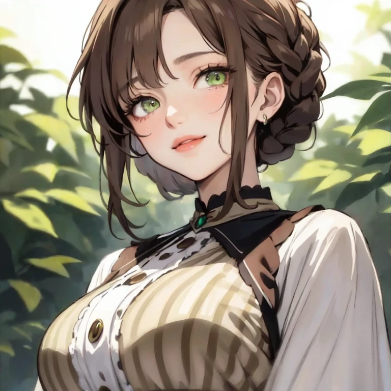 Girl, brown hair, green eyes, small side bun near top of head, crop top