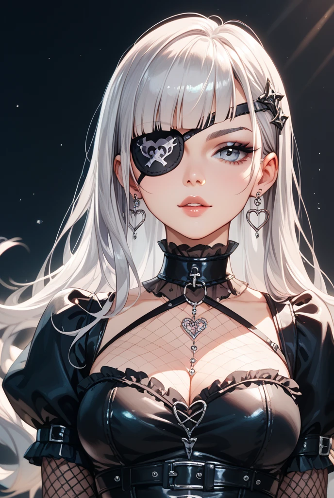 jirai kei, anime, ecstasy, audience, dark persona, long hair, straight hair, smirk, teasing, hand on own chin, evil smile, trap, 1 boy, sissy boy, femboy, dark blue eye, boots, knee high socks, white and black hair, two tone half color hair, destroying, Casting a darkness destruction spell, blood spatter, Ruined city, black cape, frills, runes, tassels, feng shui, white dress, belts, earrings, chains, yin yang, beautiful art, depth of field, high res, perfect face, detailed outfit