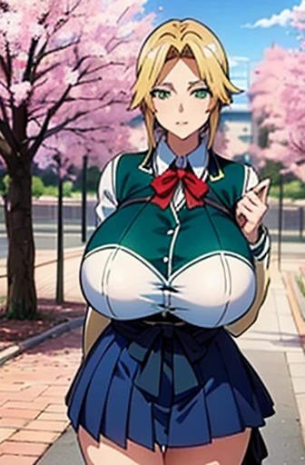 ((woman,huge breasts, (huge breasts:1.8),とても唇が赤いhuge breastsを強調,big ass,thin waist,long legs,green eyes立っている))
((((anime style))))8k(((((anime style)green eyes))))
8k((Standing at the station))8k((Waiting for a train at the station))8k((early morning))8k((beautiful woman))8k(Good at drawing faces)((学生blazer15歳学生服 緑のネクタイ, blazer, pleated skirt))8k(((((spring,cherry blossoms,The wind is blowing,the skirt is turned up,cherry blossomsが散っている:1.3)))))