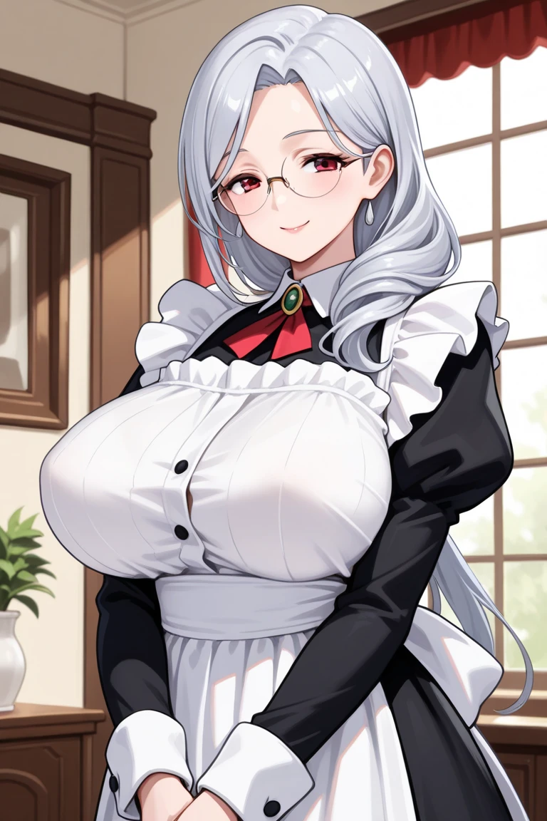 (highres, high quality:1.3), intricate details, vibrant image, sharpness, colorful, biwa hayahide \(umamusume\), 1girl, mature female, milf, skirt lift, lifted by self, hands on skirt, cowboy shot, from below, mansion, blush, shy, annoyed, open mouth, lipstick, makeup, under rim glasses, perfect eyes, detailed eyes, detailed hair, hair ribbon, maid, blue skirt, maid headdress, black thighhighs, maid apron, long sleeves, puffy sleeves, curvy, huge breasts, cleavage, thighs, lace panties,