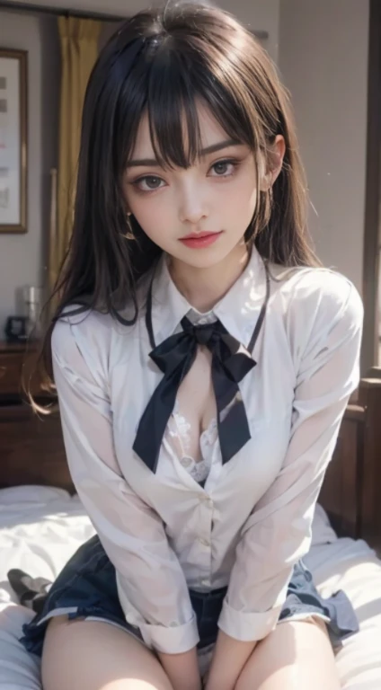 (Best quality, 8k, 32k, Masterpiece, UHD,:1.2),RAW, 1girl,ultra cute , natural lighting,transparent shining eyes, 20yo,medium breast ,fair complexion ,flushed face, dynamic angle, ((black rabbit ear, Unbuttoned White shirt, plaids skirt、garter stocking, erect nipples)), classroom, sitting on desk, afternoon, embarrassed smiling, soft breasts, (spreading legs, White panties and bra in floral pattern)