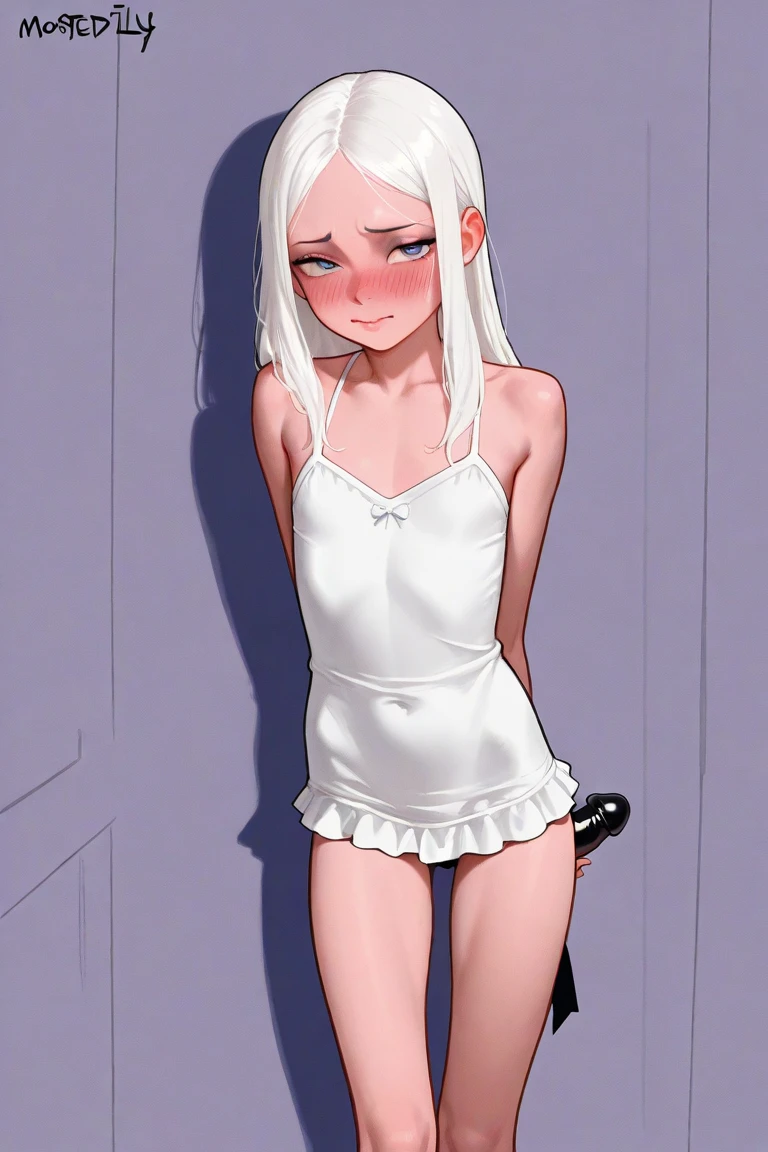 lilandavastyle, loona(jizokumode), trans, small penis bulge under silk, penis, erect penis, crotch bulge, perfecteyes, 
score_9,score_8_up,score_7_up, 1trans, perfect eyes, big eyes, long eyelashes, long emo hair, ultra violet hair, perfect face, large breasts, freckles, nipple visible, perfect hands and feet, blushing, stood in front of bright window, silk negligee , sitting on bed, looking at viewer, seducing,