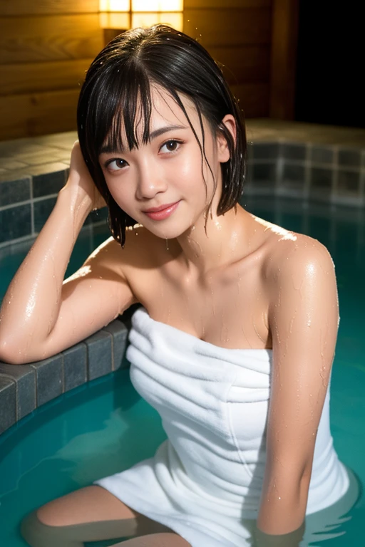 Masterpiece, Best-quality, RAW-photo, Ultra-High-Resolution, Photorealistic,
(Anatomically correct, 16-years-old, Realistic Japanese girl, photographer's lover, She truly loves photographer, baby face, cute face, Perfect body, slim waist and busty body, Slender legs, Large breast, Realistic skin),
((takeing a bath, wrap a towel around body:1.3)),
(maiko, Round face, Black hair, Moist eyes, Shining eyes, Short bob cut, Bangs, Down-slating eyebrows, one little earring, Light blush),
(See photographer, look at viewer, standing, she is soaking in a hot spring bath),
(goddess smile, pamper someone you love, facial expressions that seduce men),
(Japanese hot springs, open-air bath),
Natural lighting, full length