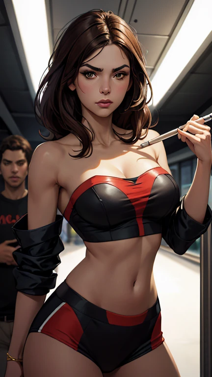 gorgeous woman, brown hair, red bodysuit, navel, cleavage cutout, mechanical antenna interface headset, looking at viewer,
blank background, white background,