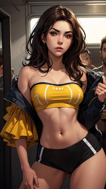 ((1girl only)), bw2elesa, black hair, streaked hair, long sidelocks, hair ornaments, headphones, yellow jacket, puffy jacket, crop top, yellow and blue shorts, public, catwalk (modelling), indoors, pokemon gym, nimbasa city gym, detailed, highres, ((she has a slender body)), standing, bright almond eyes, blue eyes, hot, sweat, crop top lift, alluring, (left hand pulling shorts down halfway), cleft of venus, pulling own clothes, teasing, nipple slip, very small breasts, pulling own clothes, looking at viewer, background blur, dutch angle, sexy, dark background, colored lights, borderline nude, erotic