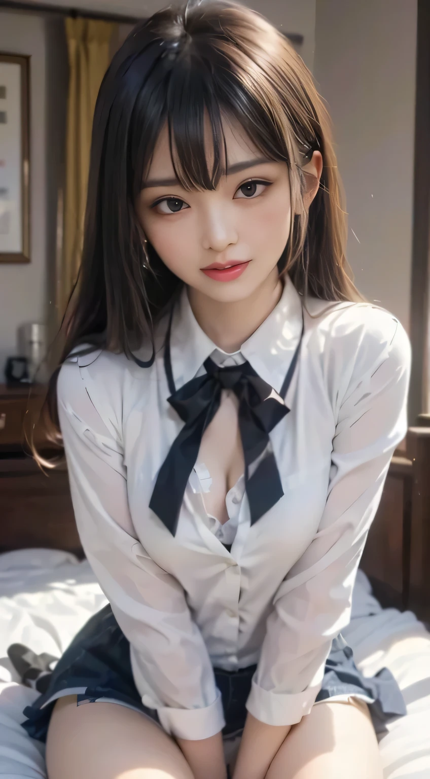 Top Quality, Masterpiece, 1 Girl, Beautiful Face, (Photorealistic Picture:1.3), Rim Lighting, (High Detail Skin:1.2), 8K UHD, DSLR, High Quality, High Resolution, 4K, 8K, Bokeh, Absurdity, Best Ratio Four Fingers and One Thumb, (Real:1.3), Small Face, Cute One Girl, Black Formal Blazer, Middle Breast, Short Skirt,Office