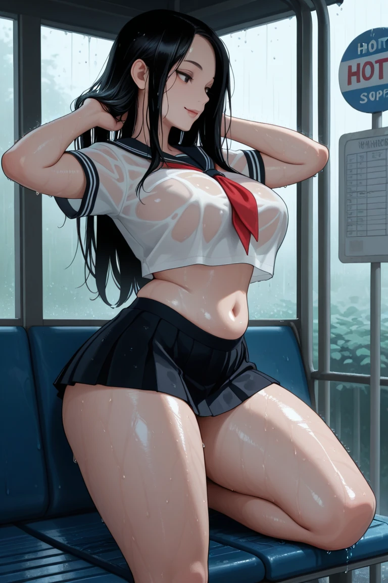 A woman with big ，Beauty，Black long hair，Bow，(Fully transparent sailor suit:1.2)，weak，Sexy，Color，lactation，Showing belly，blush，Bright Light，ahegao，On the bus，Standing，Multiplayer，
